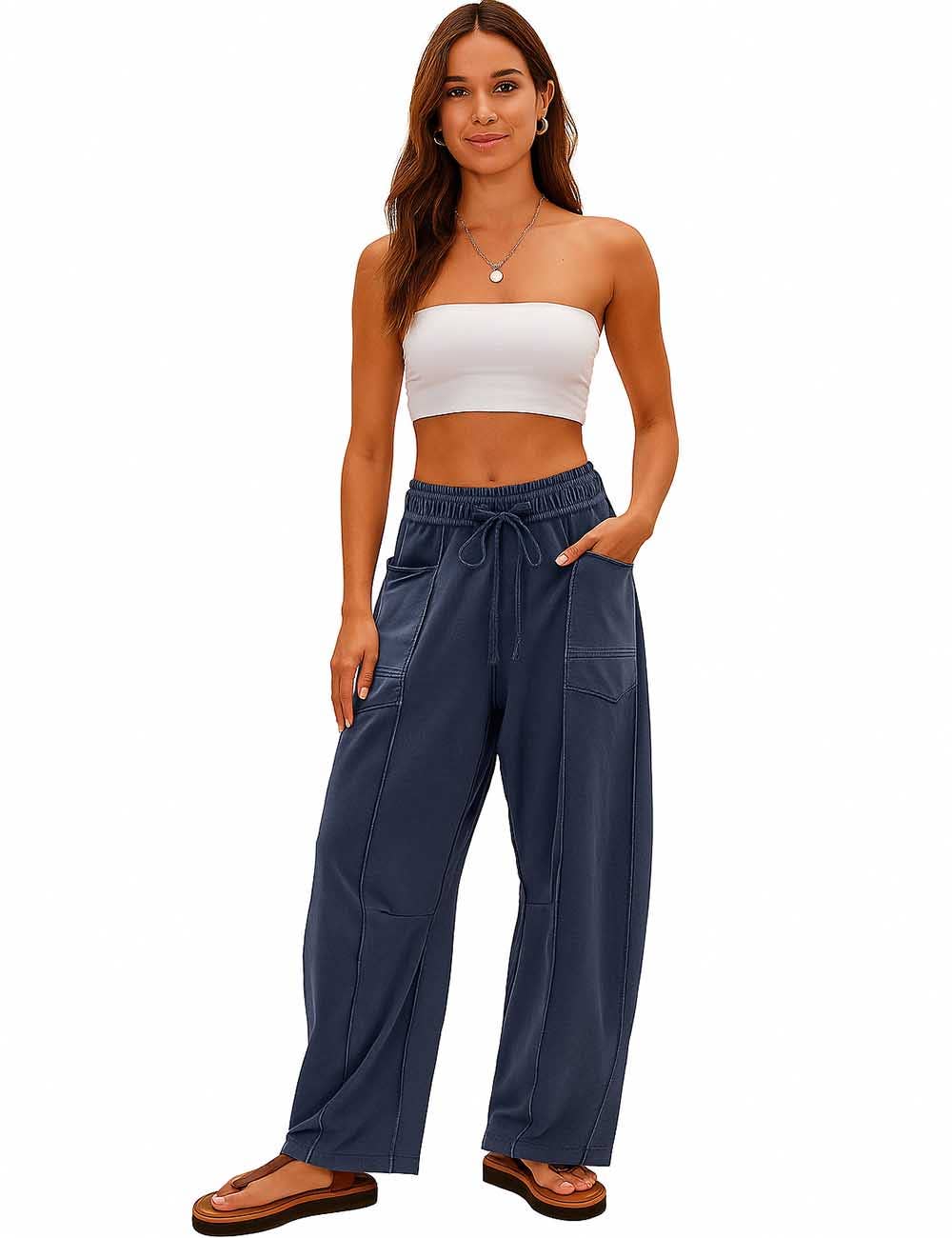Ladies Contrast Stitching Elastic Waist Drawstring Barrel Pants