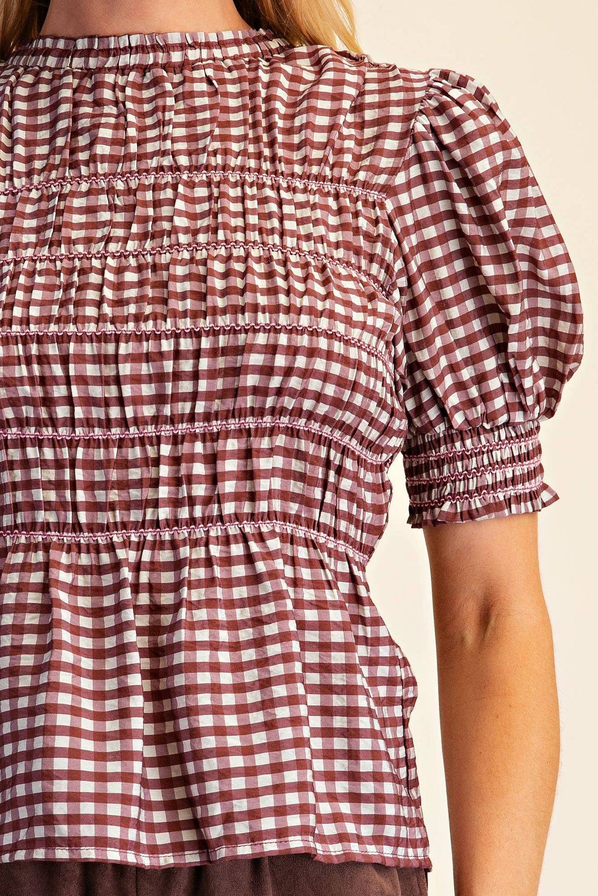Glam - Plaid Smocked Puff Sleeve Shirt