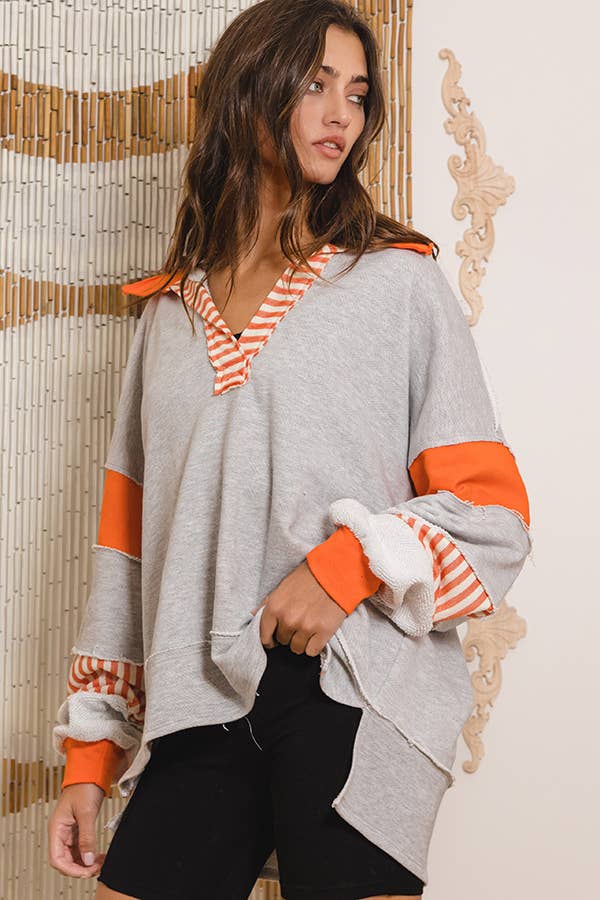 T2004 French Terry Knit Color-block Collared Loose Fit Top