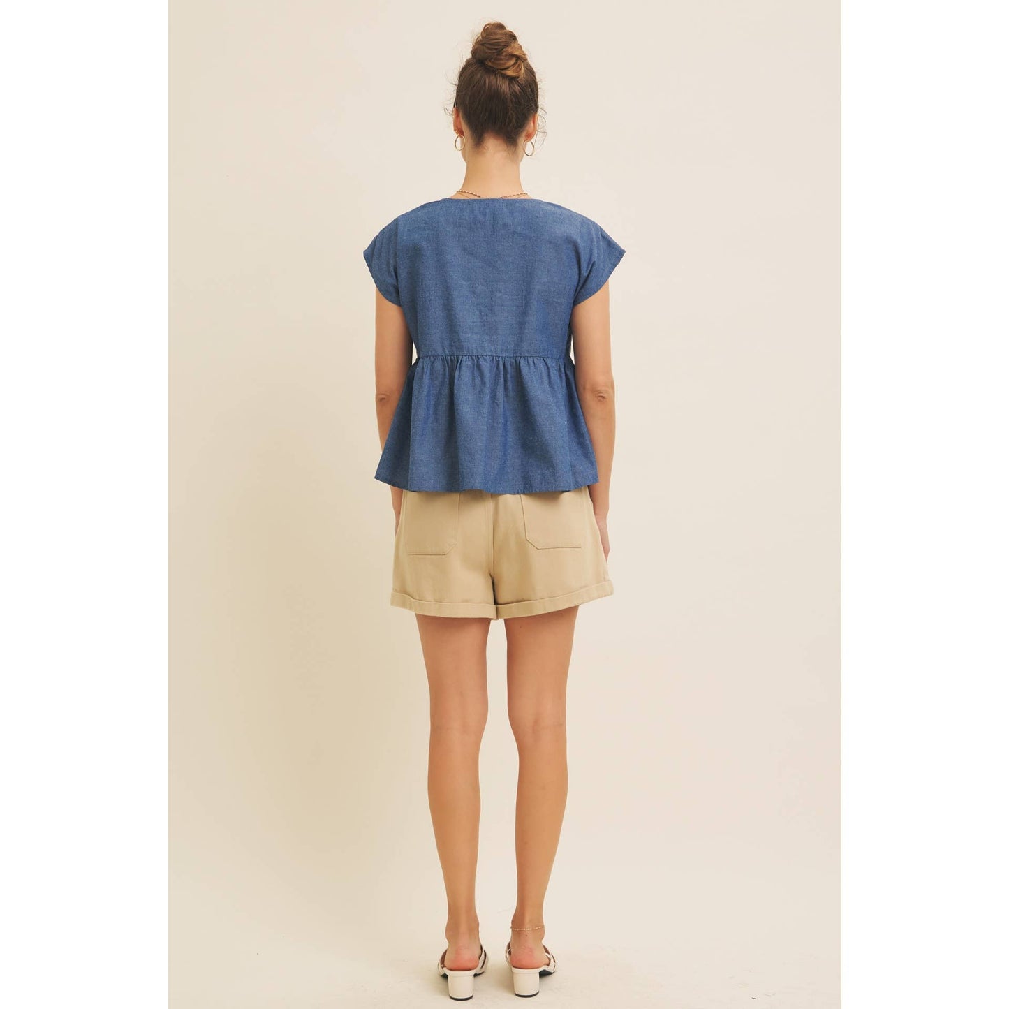 EMBROIDERY BABYDOLL DENIM BLOUSE TOP WITH ROUND SPLIT NECK