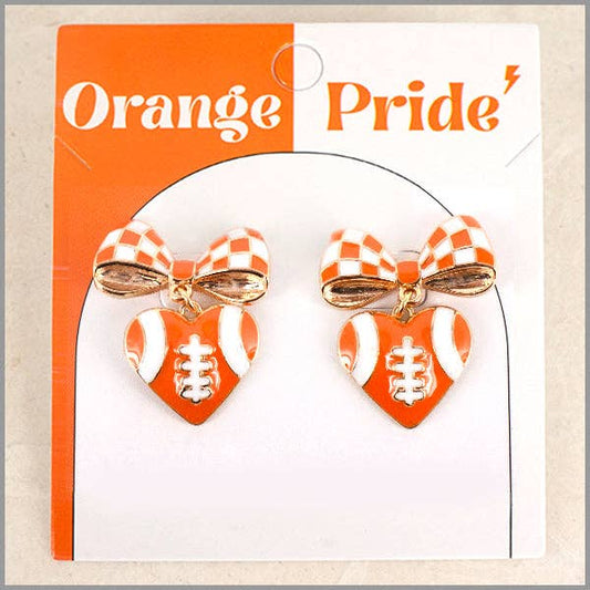 Orange and White Color Coated Bow & Football Gameday Stud 1.25" Earring