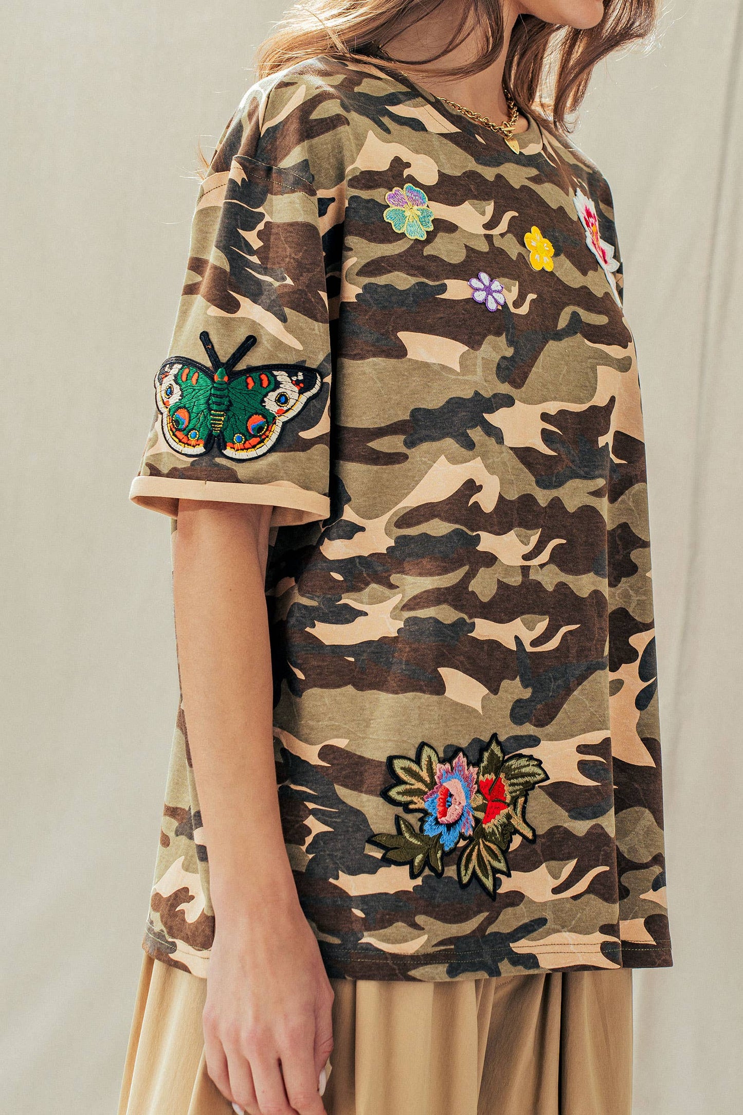 Camo Floral Patch Oversized Cotton Tee