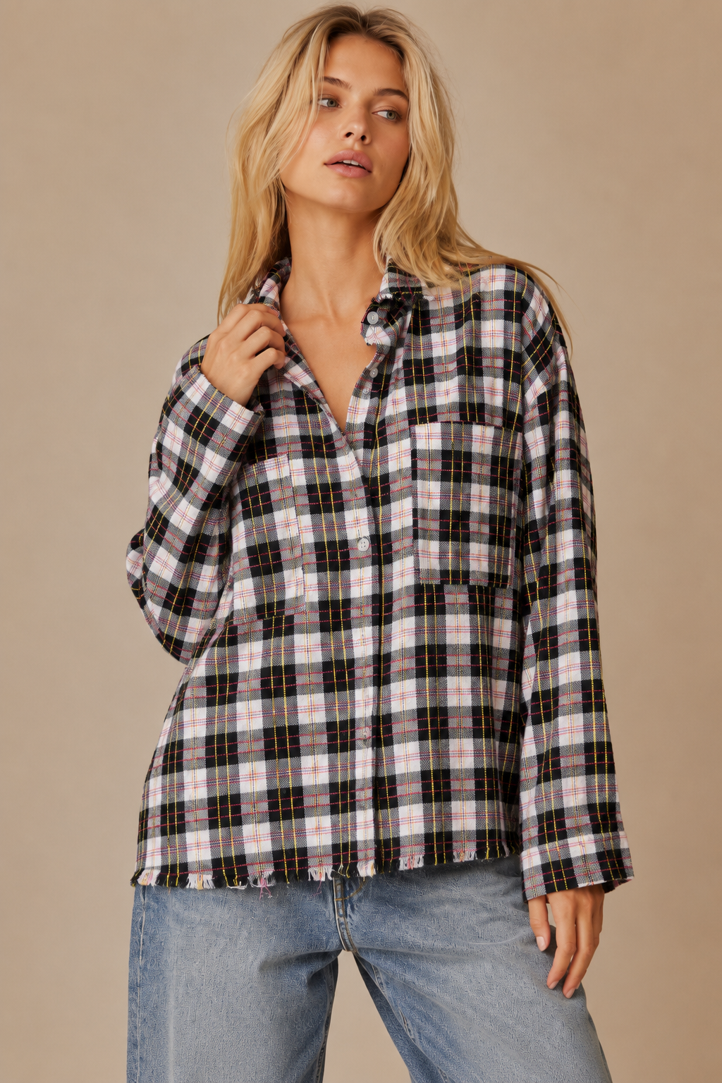 J.NNA - Frayed Hem Plaid Oversized Flannel Button-Down Shirt