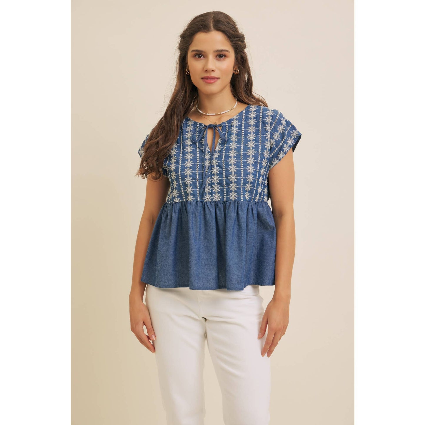 EMBROIDERY BABYDOLL DENIM BLOUSE TOP WITH ROUND SPLIT NECK