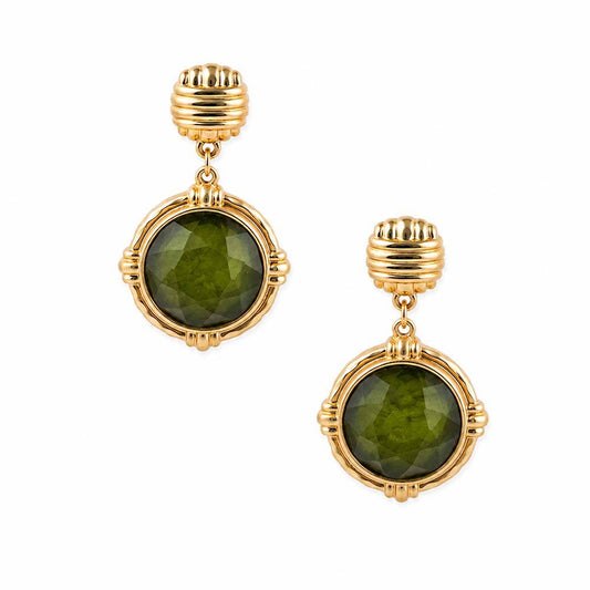 What's Hot - Matte Gold Textured Circle with Green Stone 1" Earring