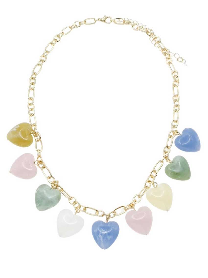 What's Hot - Gold Chain with Pink, Green, Blue and White Acrylic Heart on Gold Chain Charms 16"-18" Necklace