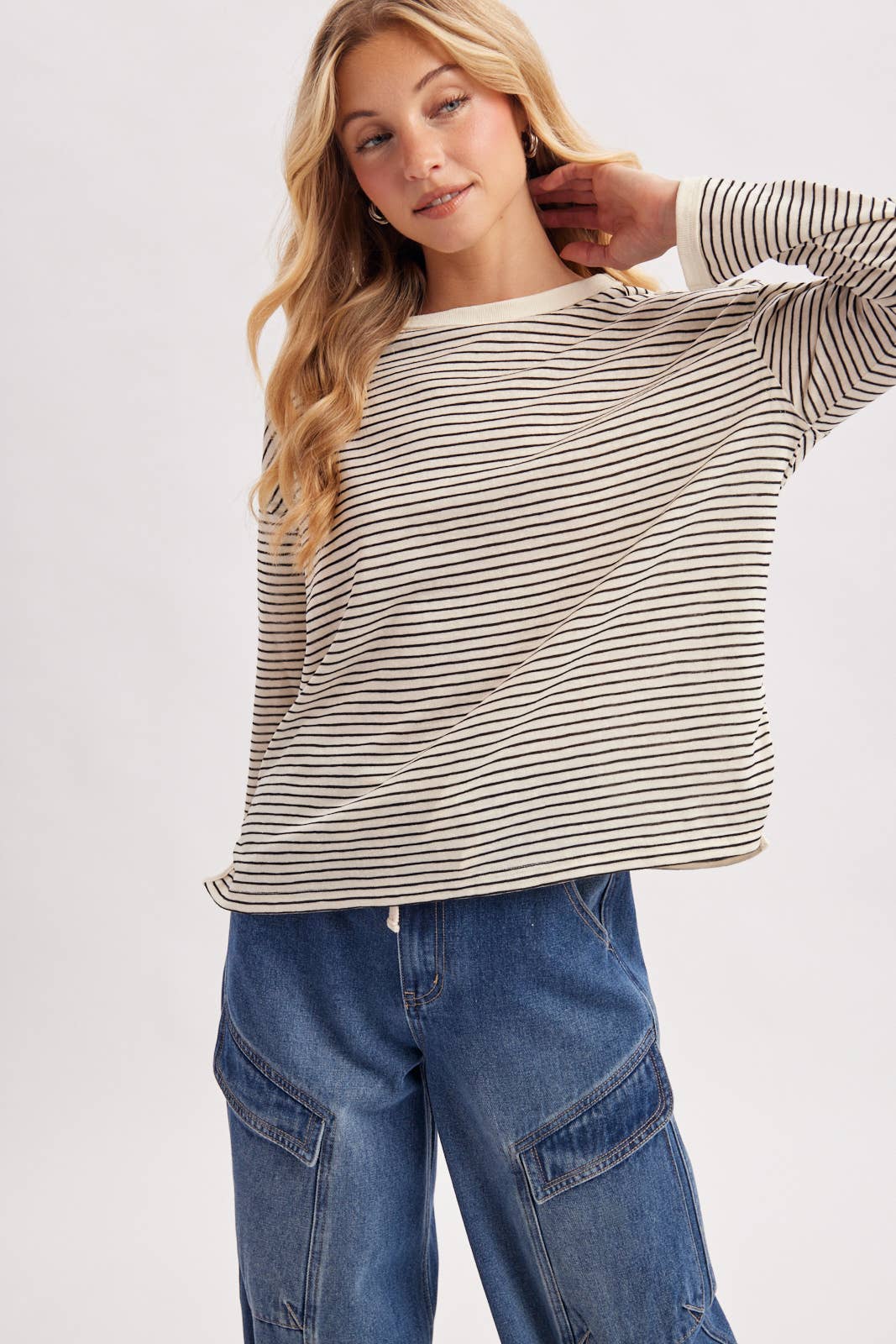 OVERSIZED BOXY STRIPED KNIT LONG SLEEVE TOP