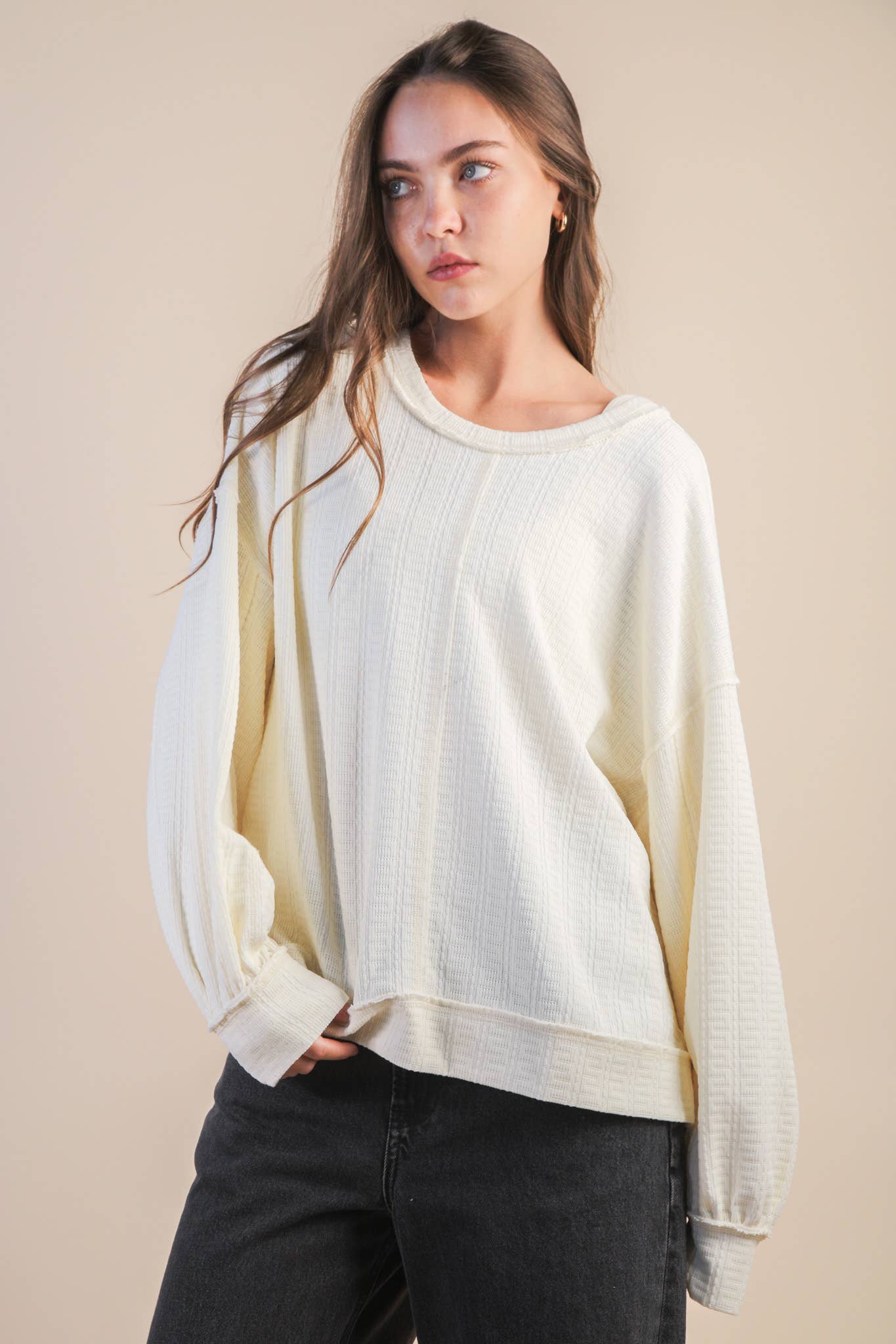 VERY J - NT12413-Raw Edge Detail Oversized Textured Knit Top