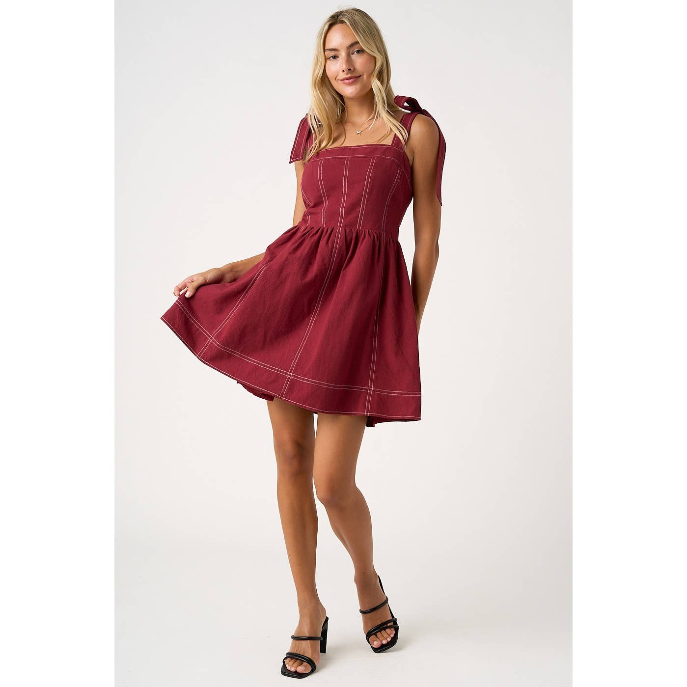 GAME DAY CONTRAST STITCH TIE SHOULDER MINI DRESS