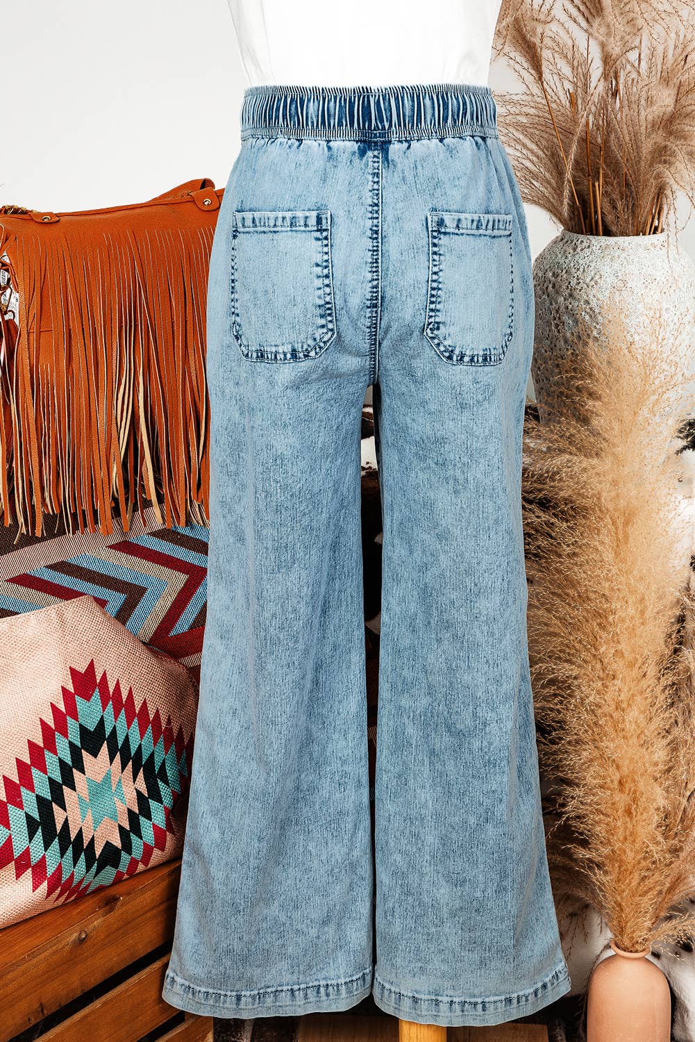 Fall Mineral Wash Drawstring Loose Straight Denim Pants