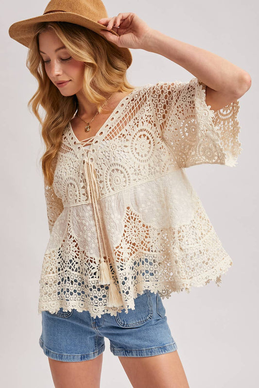 Bluivy - BOHO SHEER CROCHET LACE TOP WITH TASSELS