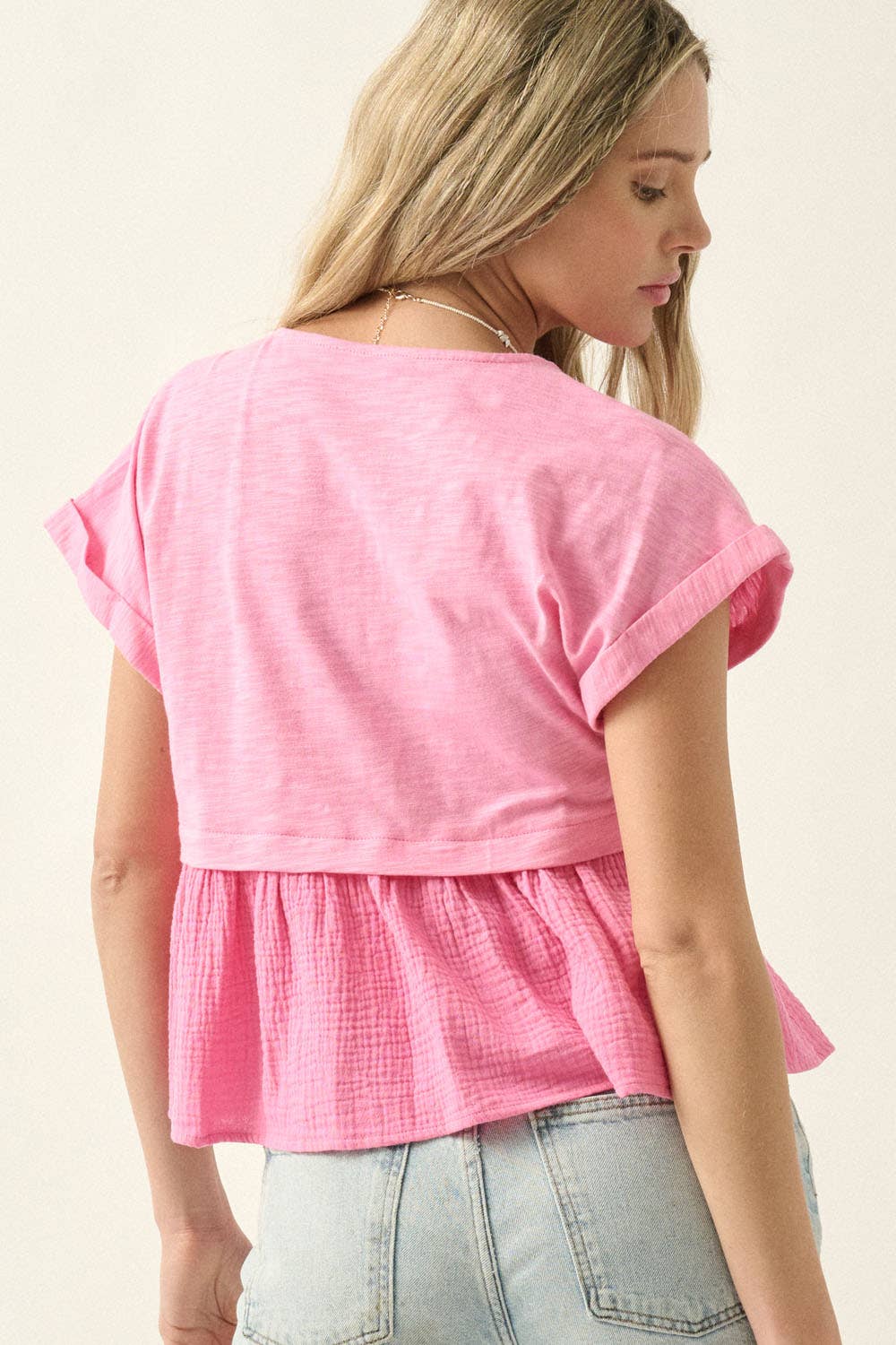 Slub Knit Crinkle Cotton Half-Button Babydoll Top