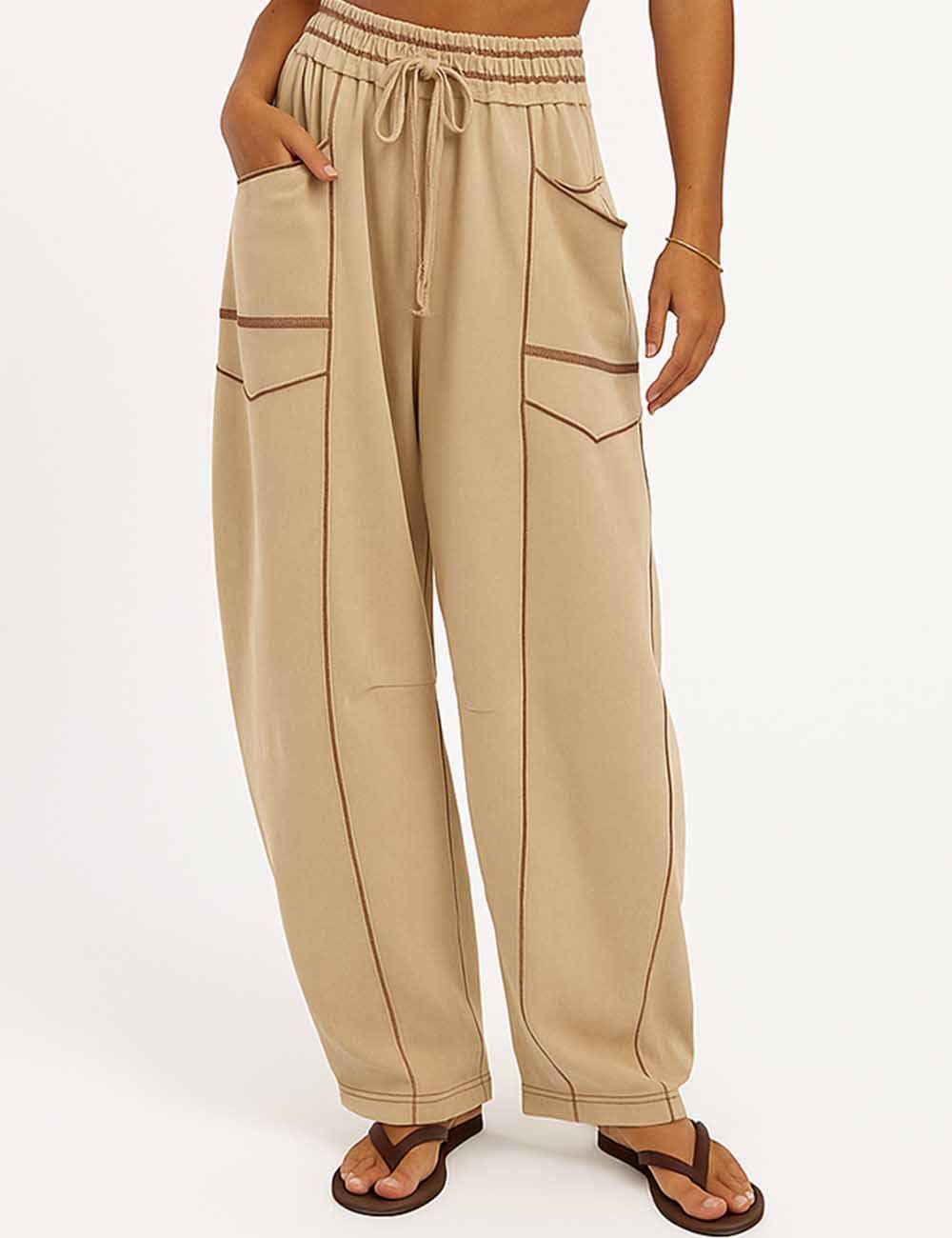 Ladies Contrast Stitching Elastic Waist Drawstring Barrel Pants