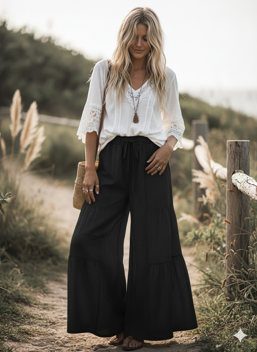 Linen Blend Tiered Wide Leg Palazzo Pants