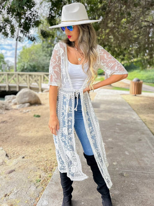 AMOLI - Ivory Boho Floral Lace Sheer Dressy Maxi Kimono Cover Up