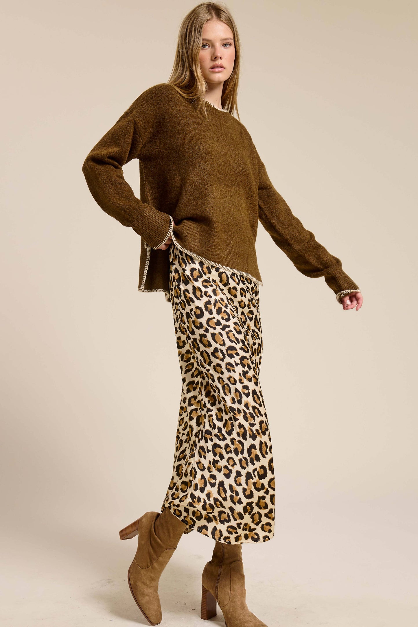JDP4235-Leopard Dressy Satin Skirt Long Panel Skirt