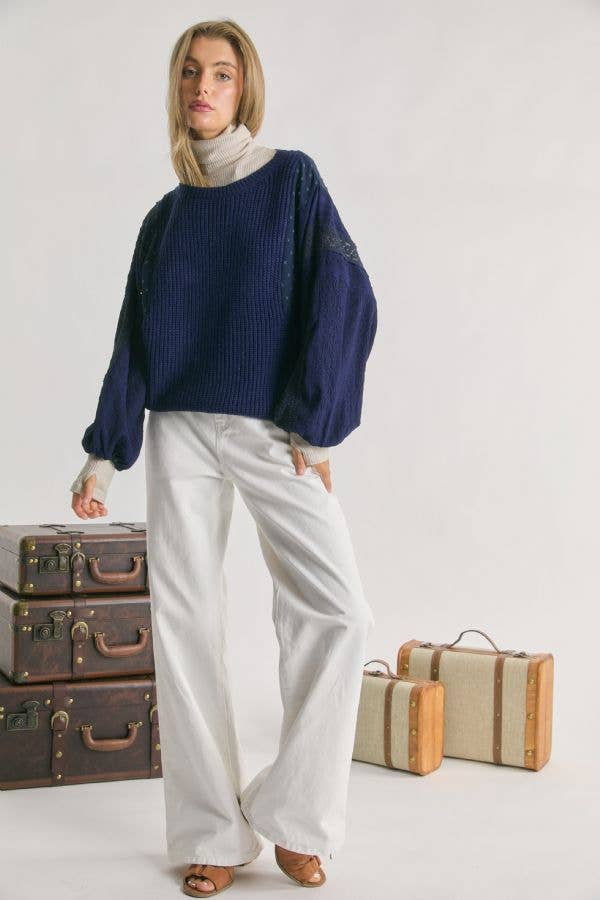 PLUS LACE DETAIL SLEEVE COLOR BLOCK MIXED FABRIC SWEATER PULL OVER TOP