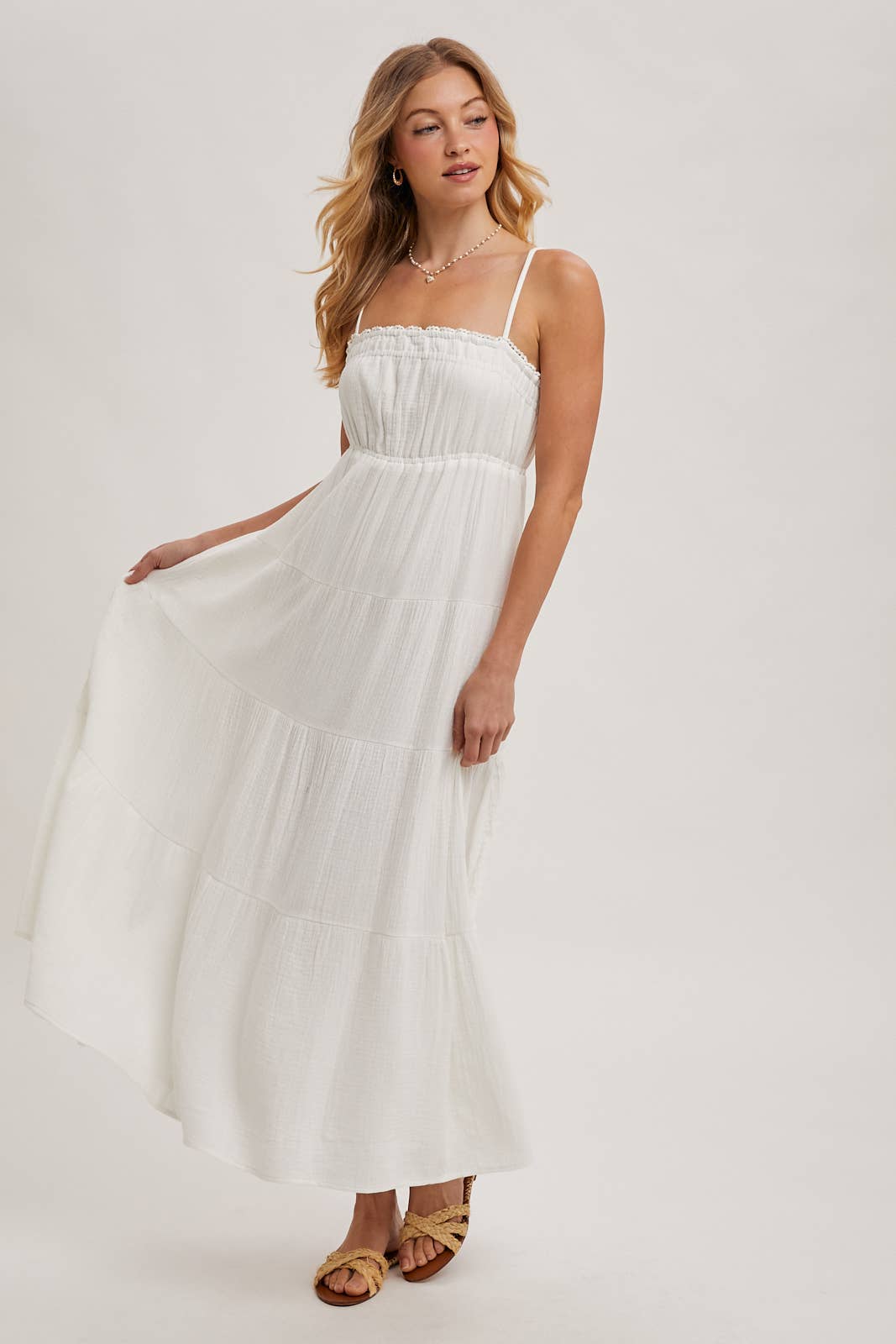 SMOCKED RUFFLE TRIM TIERED MAXI SUNDRES