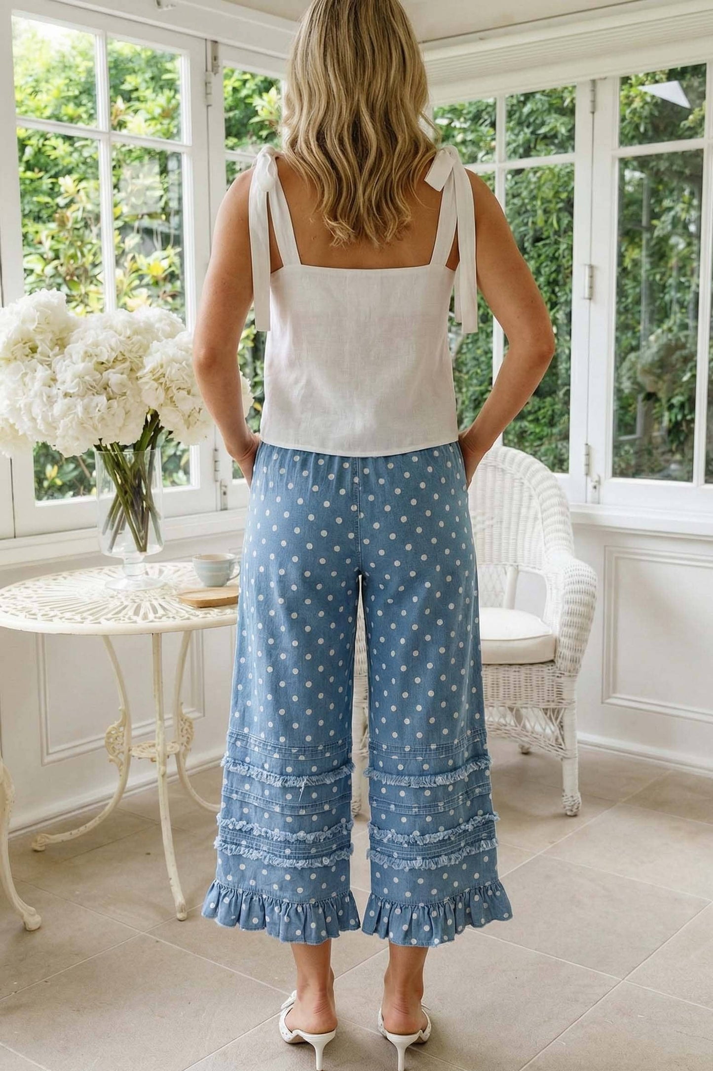 Vine & Love - Polka Dot Flared Ruffle 100%Cotton Crop Denim Pants VP83039A