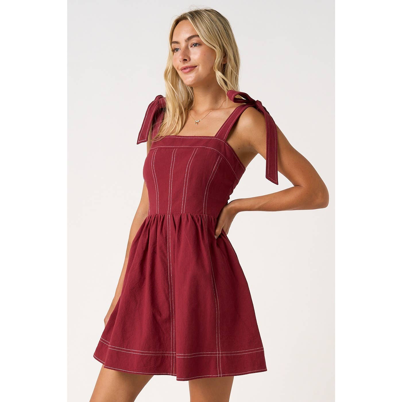 GAME DAY CONTRAST STITCH TIE SHOULDER MINI DRESS