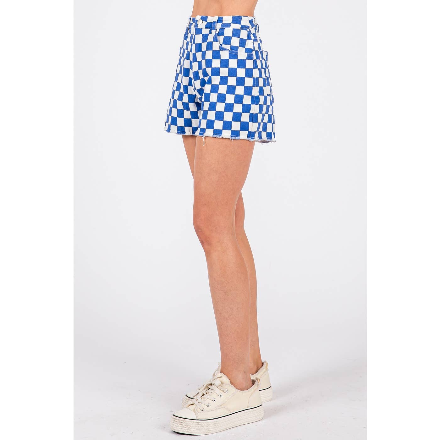 GAME DAY CHECKERED FRAYED HEM CASUAL SHORTS