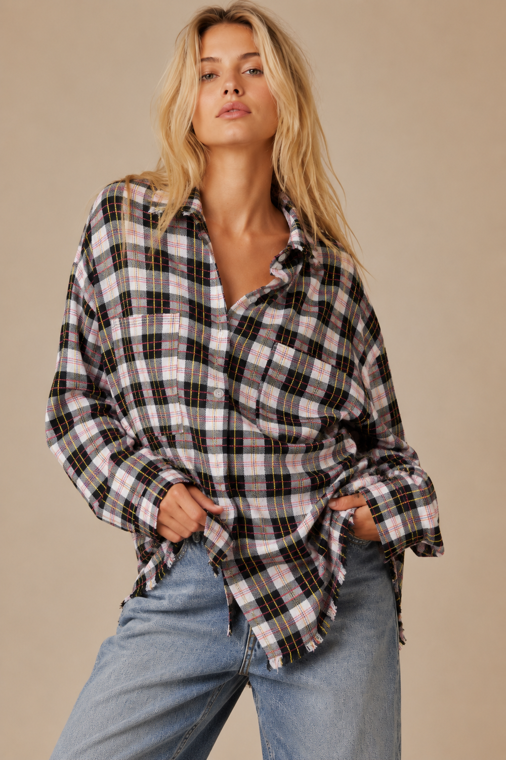 J.NNA - Frayed Hem Plaid Oversized Flannel Button-Down Shirt