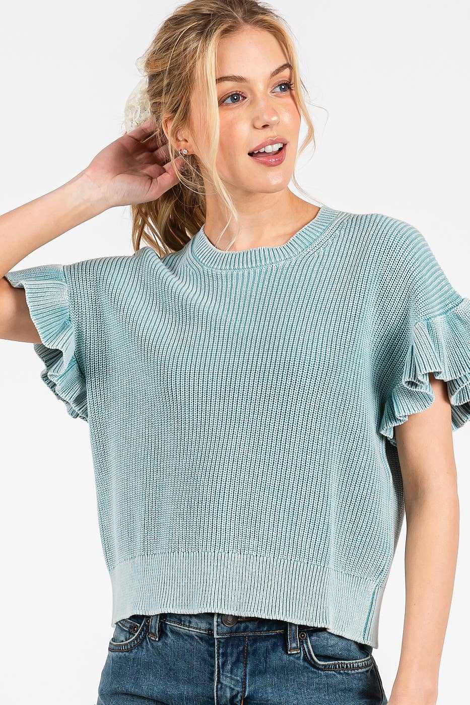 MINERAL WASH RUFFLE SHORT SLEEVE SWEATER TOP