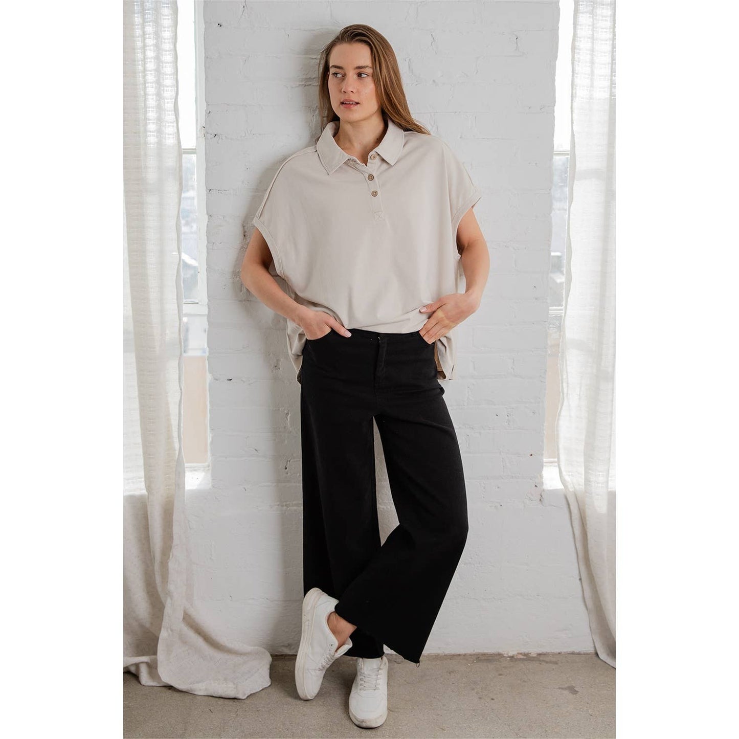 COTTON TWILL WIDE LEG ANKLE PANT