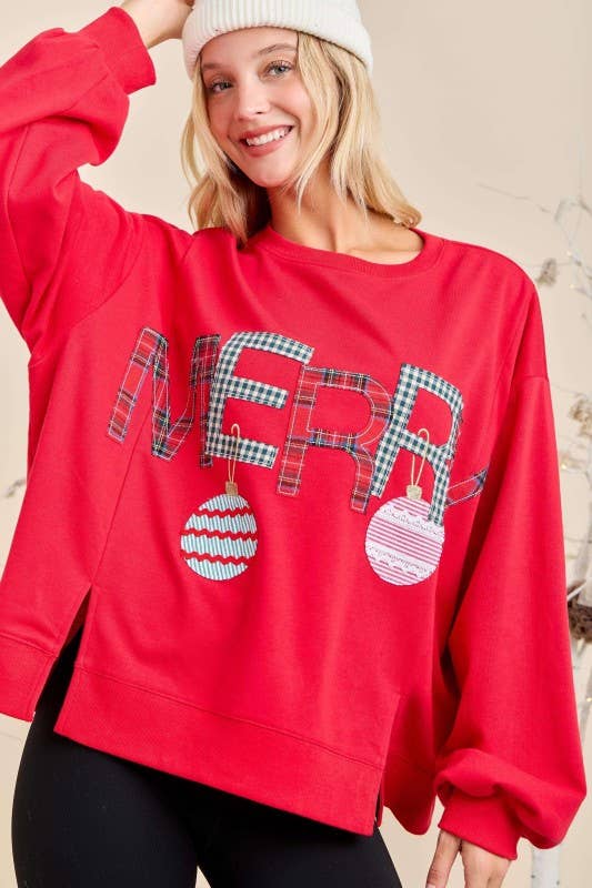 Main Strip - Merry With Ornament Patchwork Oversized Long Sleeve Top