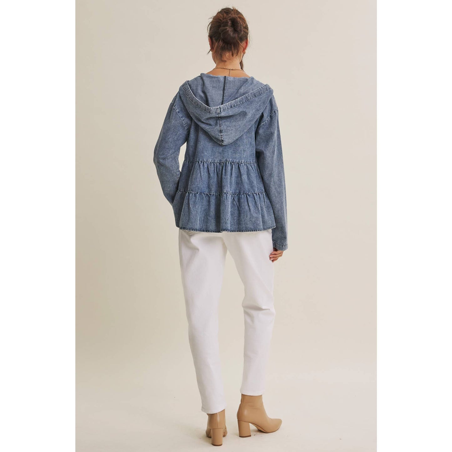 in february - DUSTY ROAD MINERAL-WASHED HOODED TIERED RUFFLES DENIM TOP