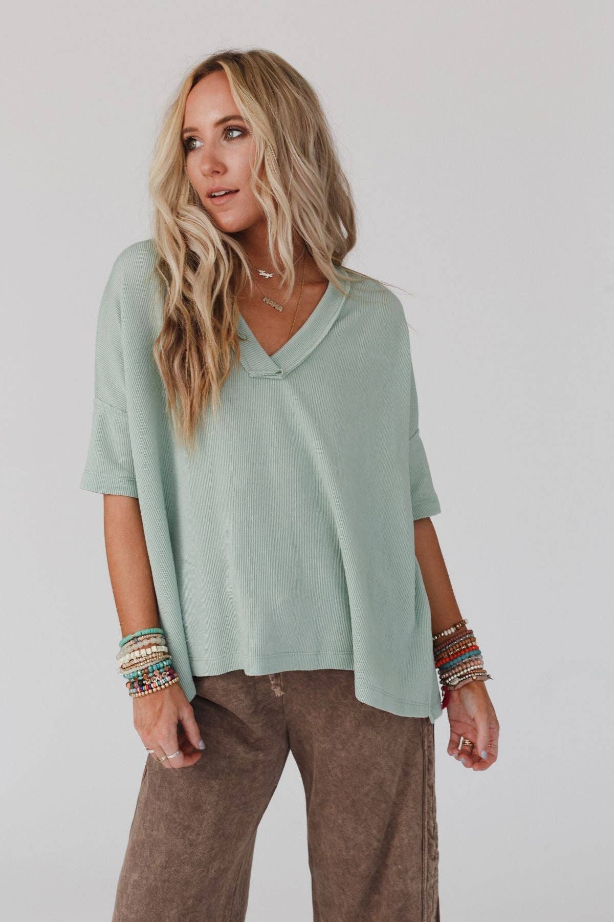 Three Bird Nest - On The Go V Neck Ribbed Essential Tee - Sage