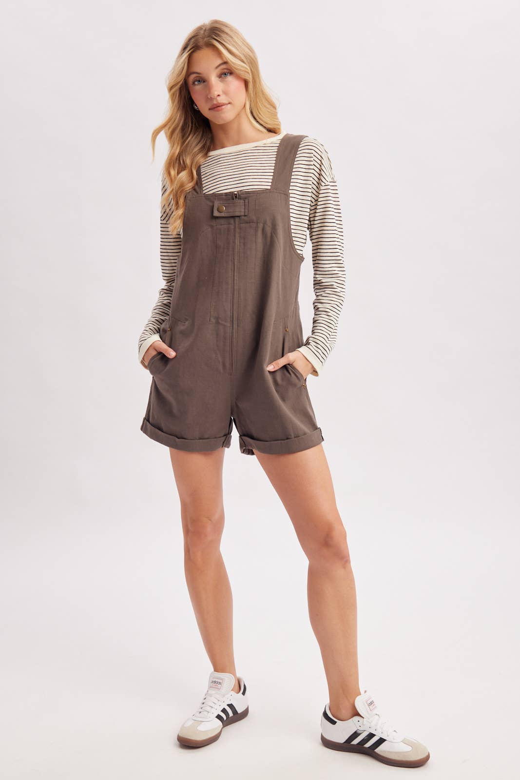 ZIPPER FRONT SNAP BUTTON SQUARE NECK SHORTALLS