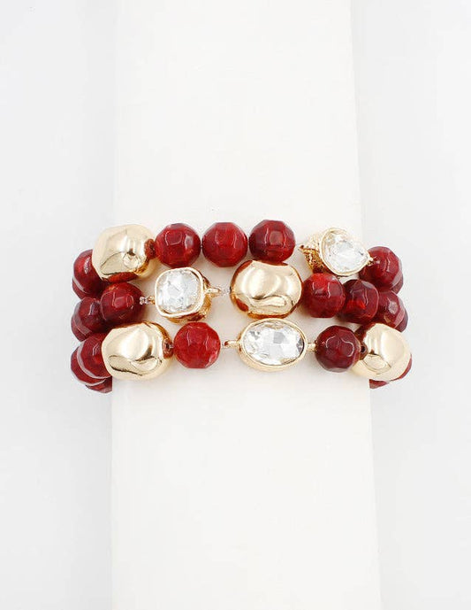 What's Hot - Maroon, Cream, and Crystal Set of Three Natural Beaded Stretch Bracelets