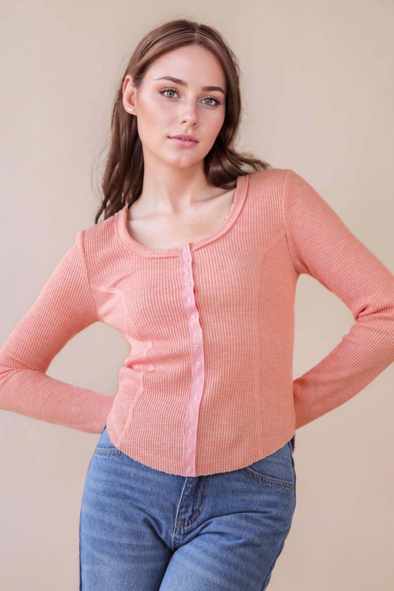 NT12243-Button Down Fitted Knit Casual Top