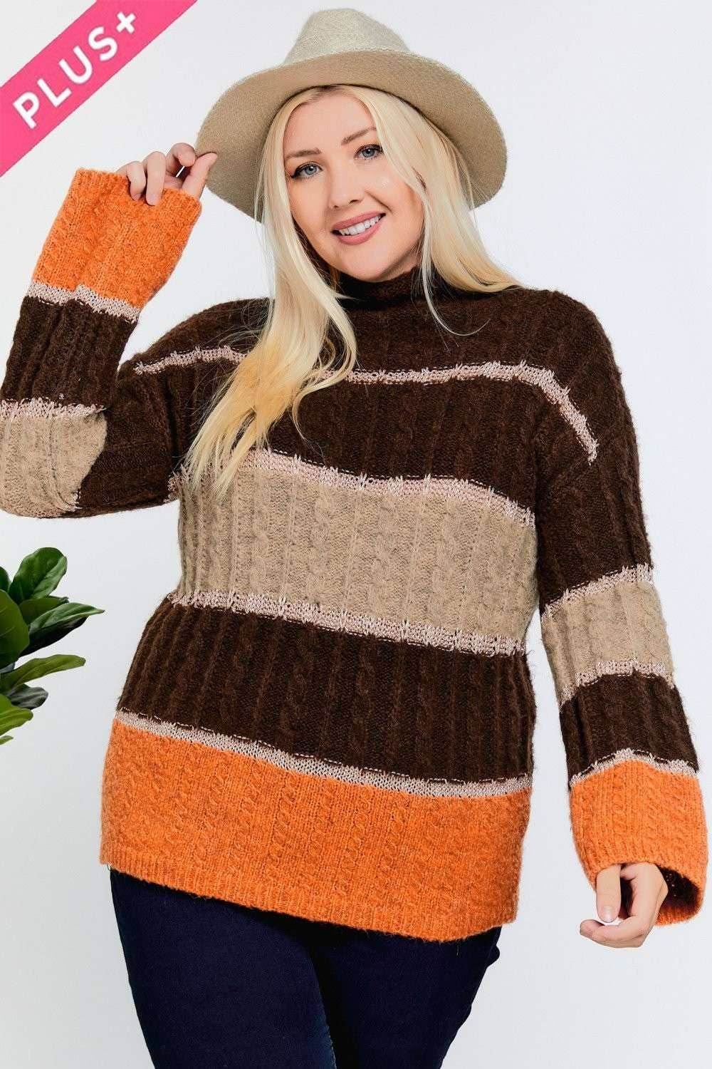 PLUS COLOR BLOCK MOCK NECK LONG SLEEVE SWEATER