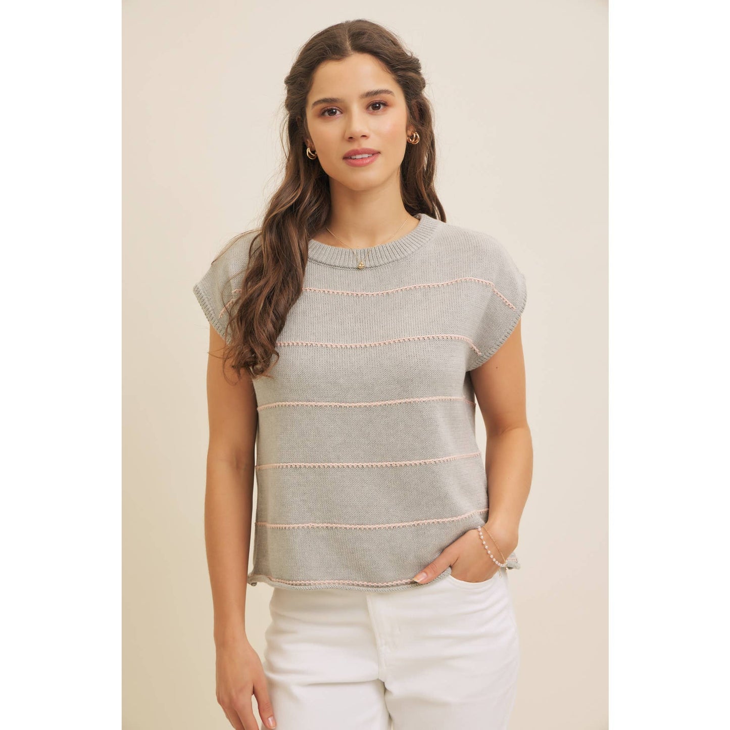 STITCH DETAILED STRIPE SWEATER TOP
