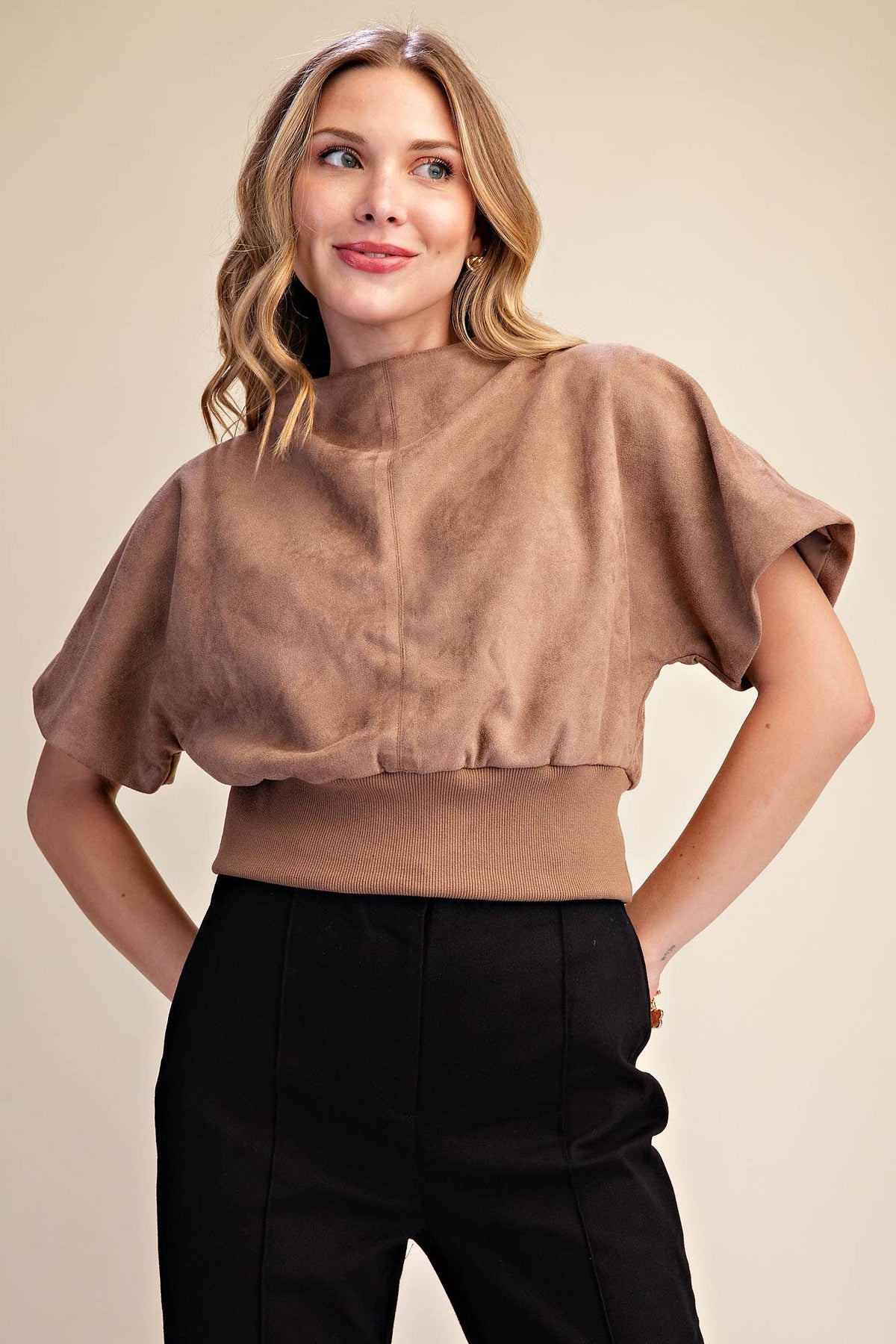 Glam - Mock Neck Suede Look Brush Top