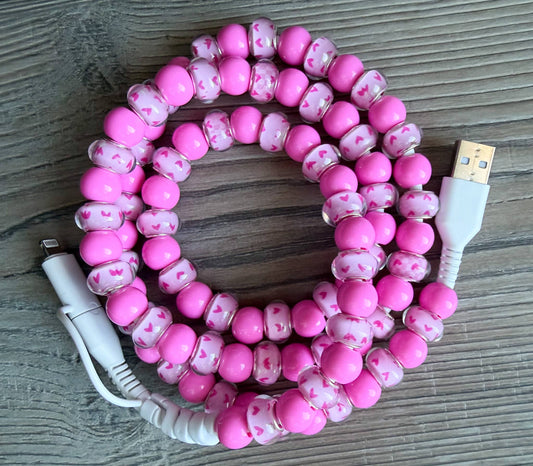 Pink Hearts Beaded Phone Charger with Lightning & USB-C