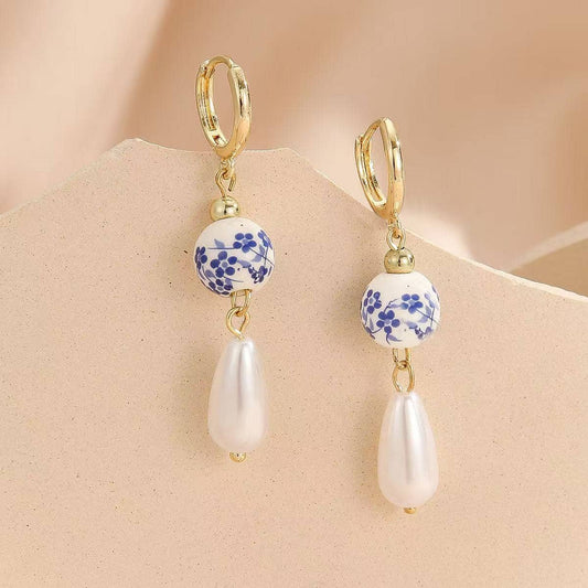 Purple Myrtle - Drop and Dangle Pearl and Chinoiserie Style Earrings