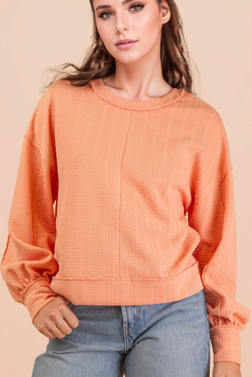 VERY J - NT12413-Raw Edge Detail Oversized Textured Knit Top