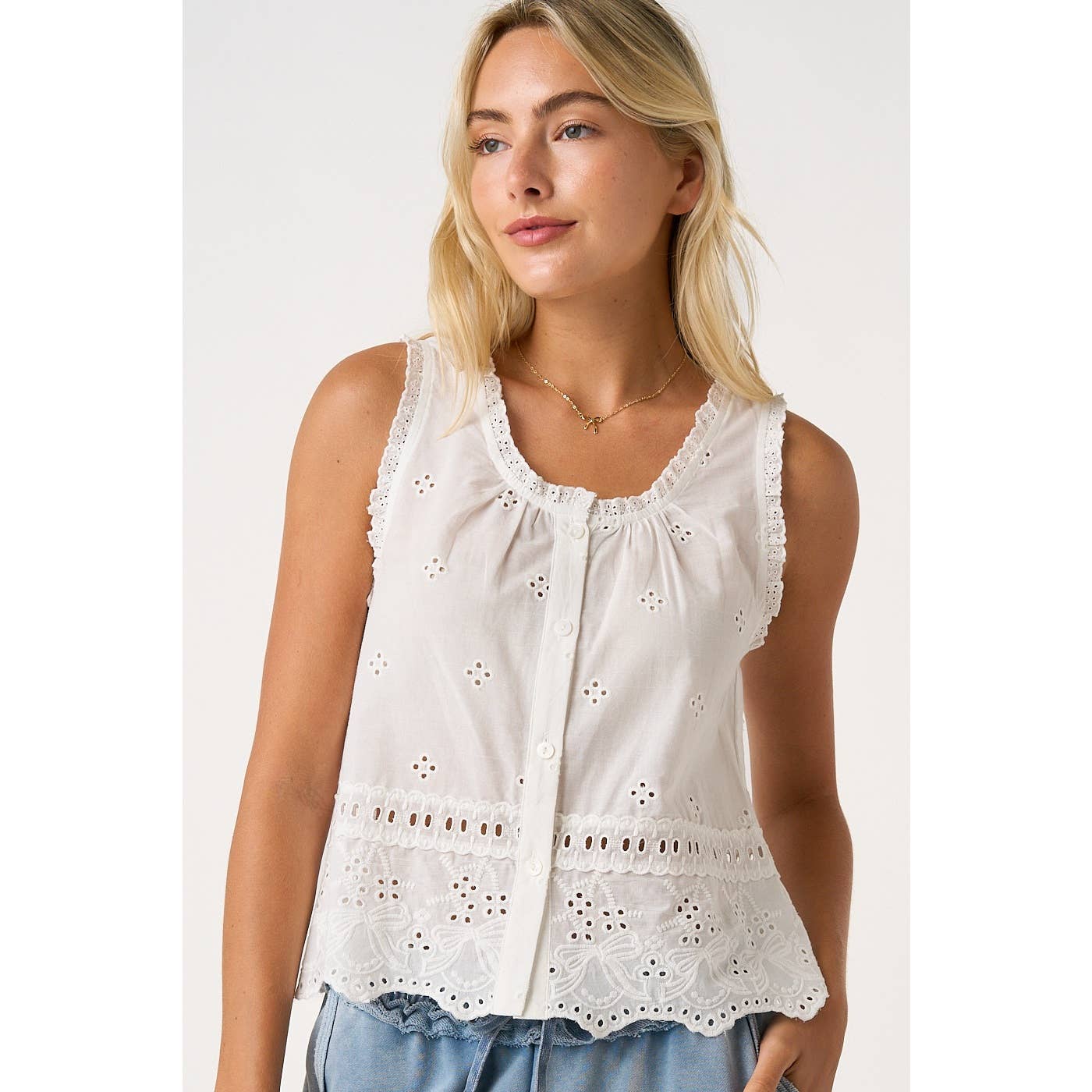 mittoshop - EMBROIDERED EYELET BUTTON FRONT TANK TOP