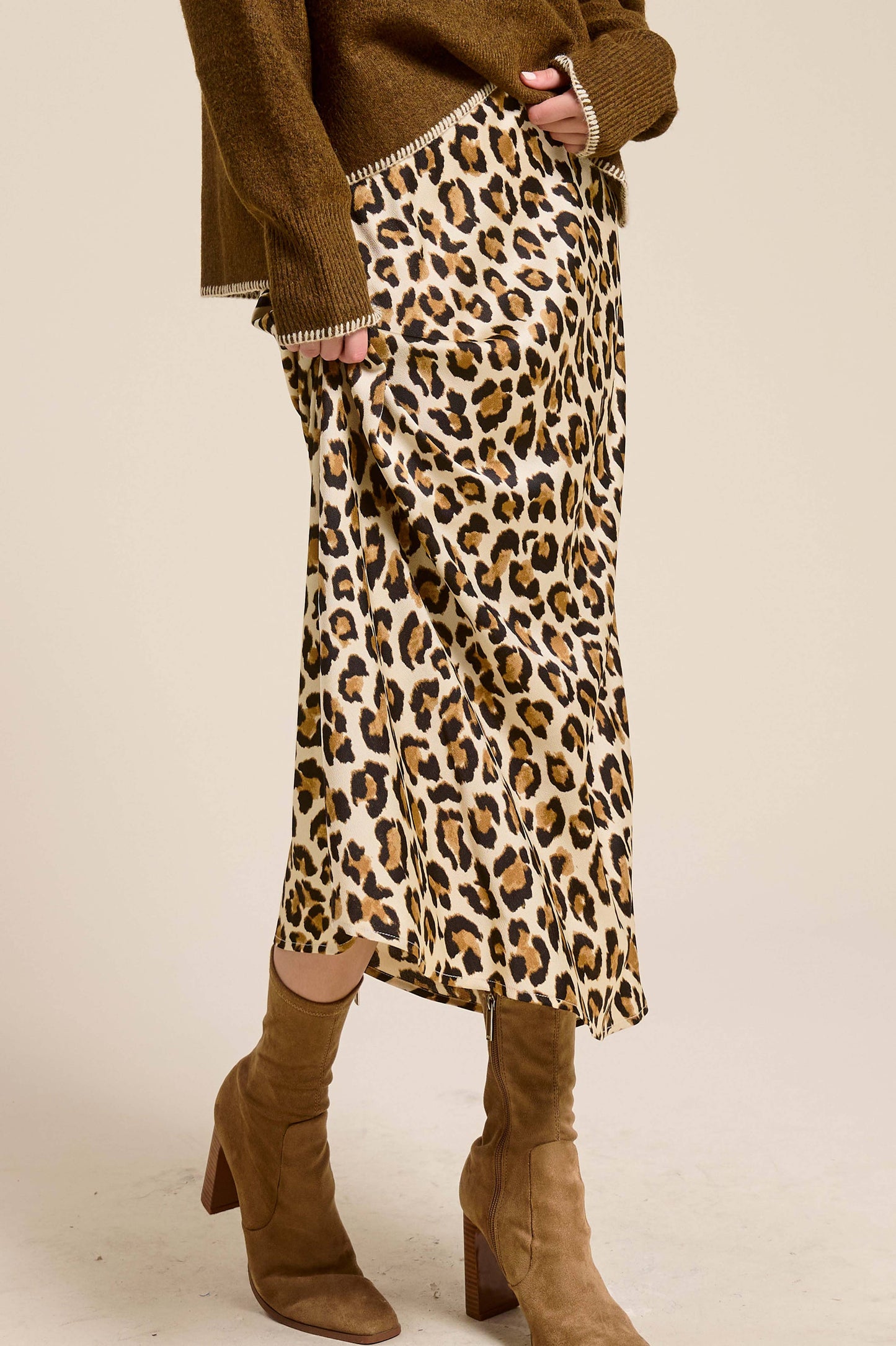 JDP4235-Leopard Dressy Satin Skirt Long Panel Skirt