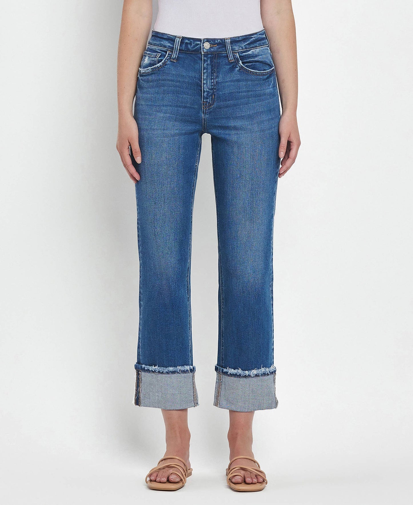 HIGH RISE CUFFED STRAIGHT JEANS T6600