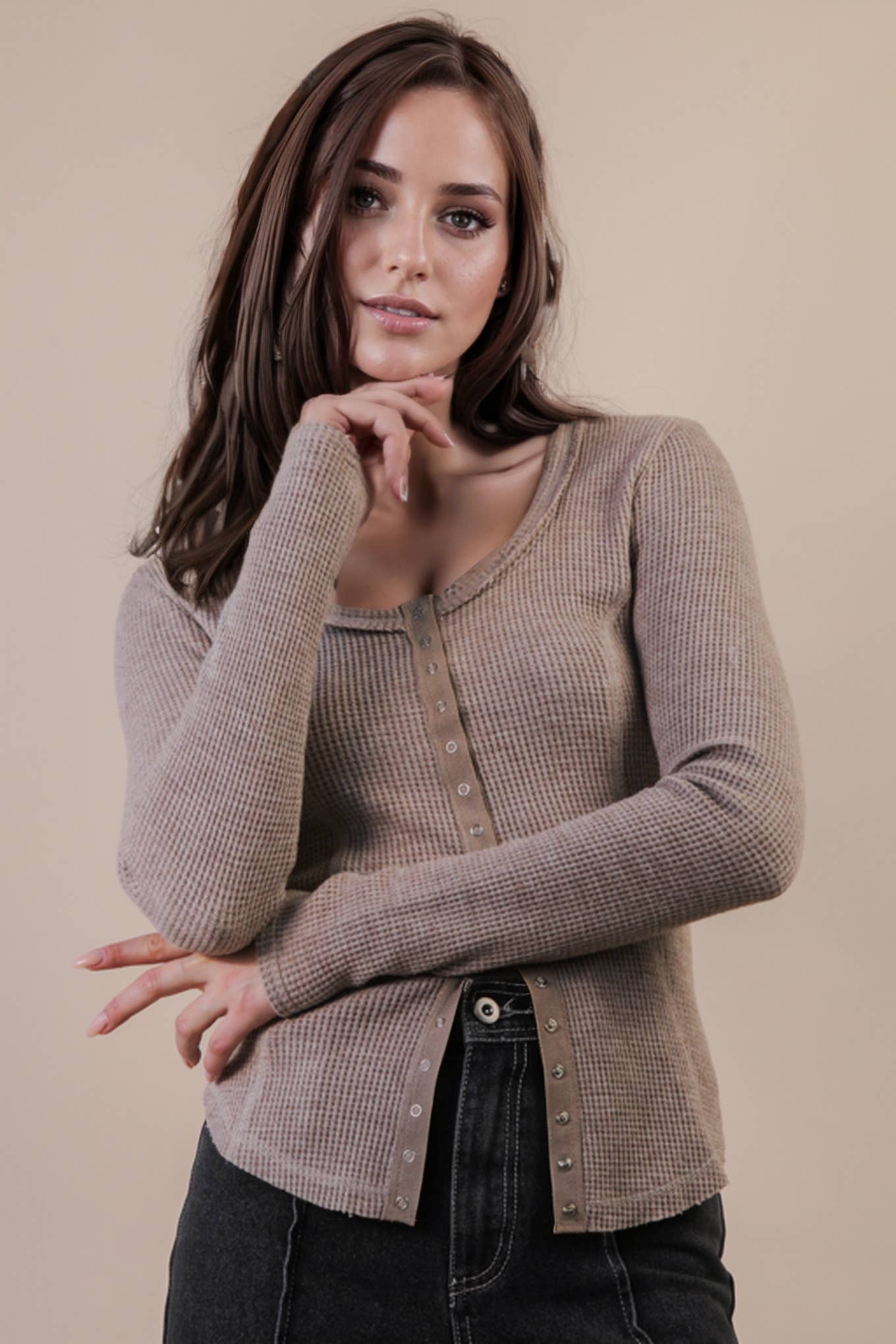 NT12243-Button Down Fitted Knit Casual Top