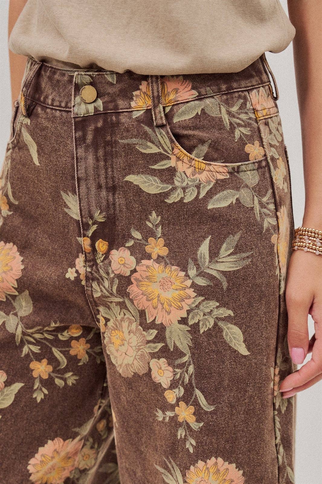 Urban Daizy - Vintage Botanical High-Rise Wide Leg Denim