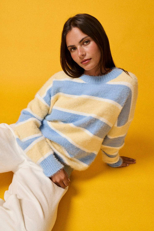 PT19021 - Loose Fit Striped Fuzzy Knit Sweater Top