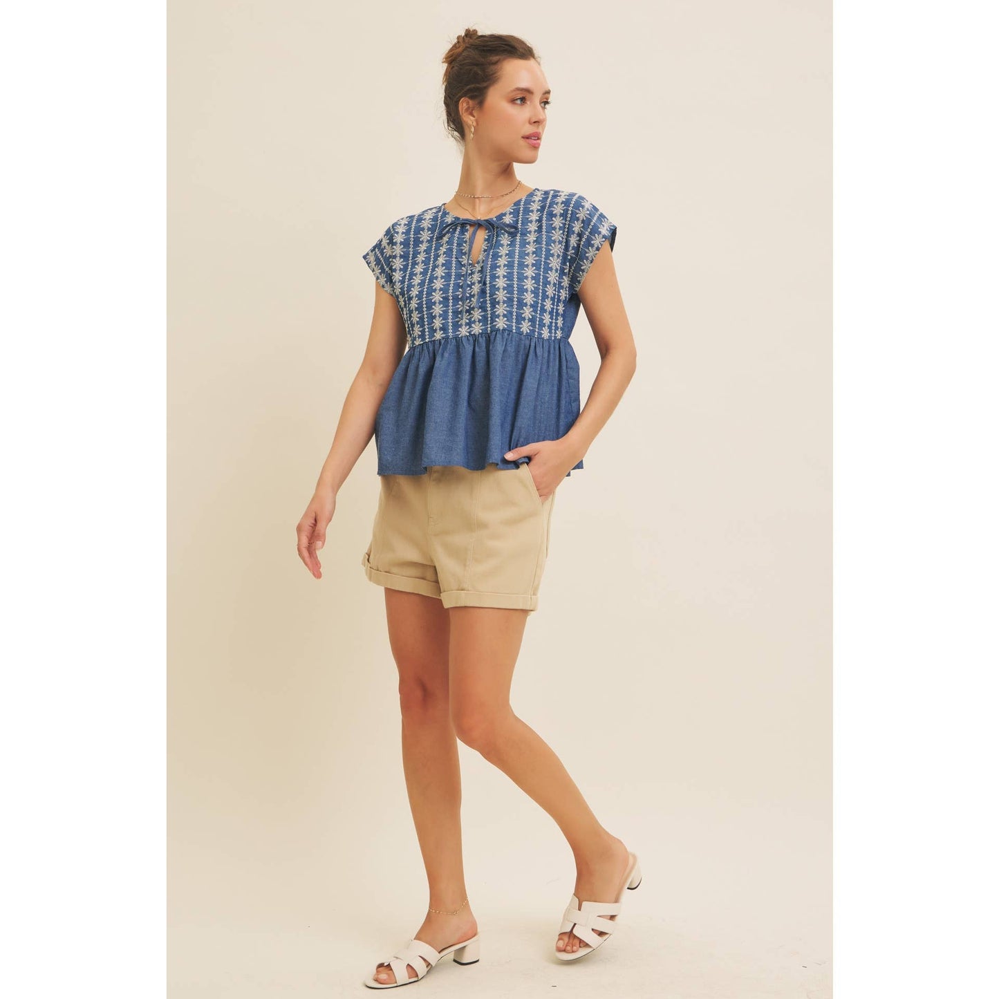EMBROIDERY BABYDOLL DENIM BLOUSE TOP WITH ROUND SPLIT NECK