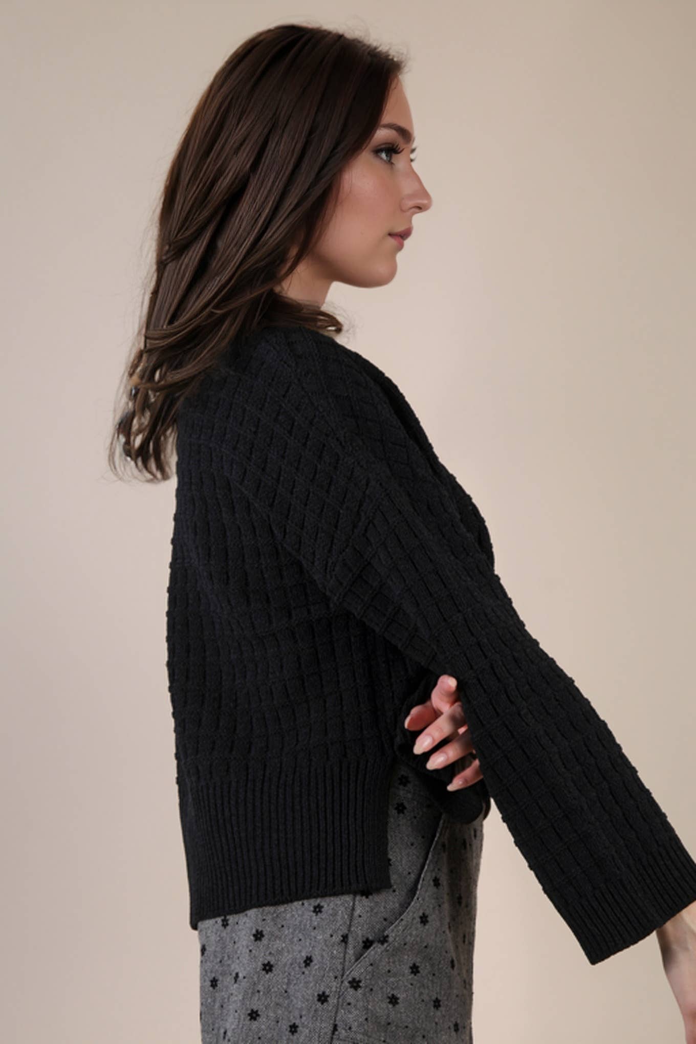 12W3518N-Oversized Textured Solid Casual Knit Sweater Top