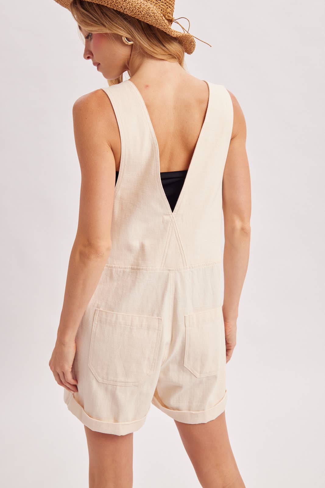 ZIPPER FRONT SNAP BUTTON SQUARE NECK SHORTALLS