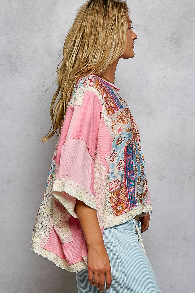 Round Neck Double Gauze Floral Woven Top